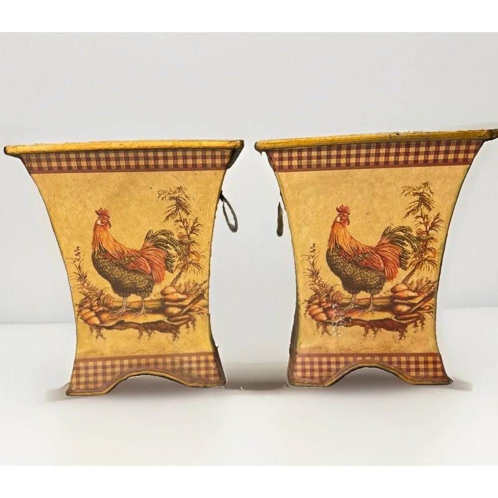 Pair Rooster Metal Cachepot Planters Ring Handles French Country Farmhouse